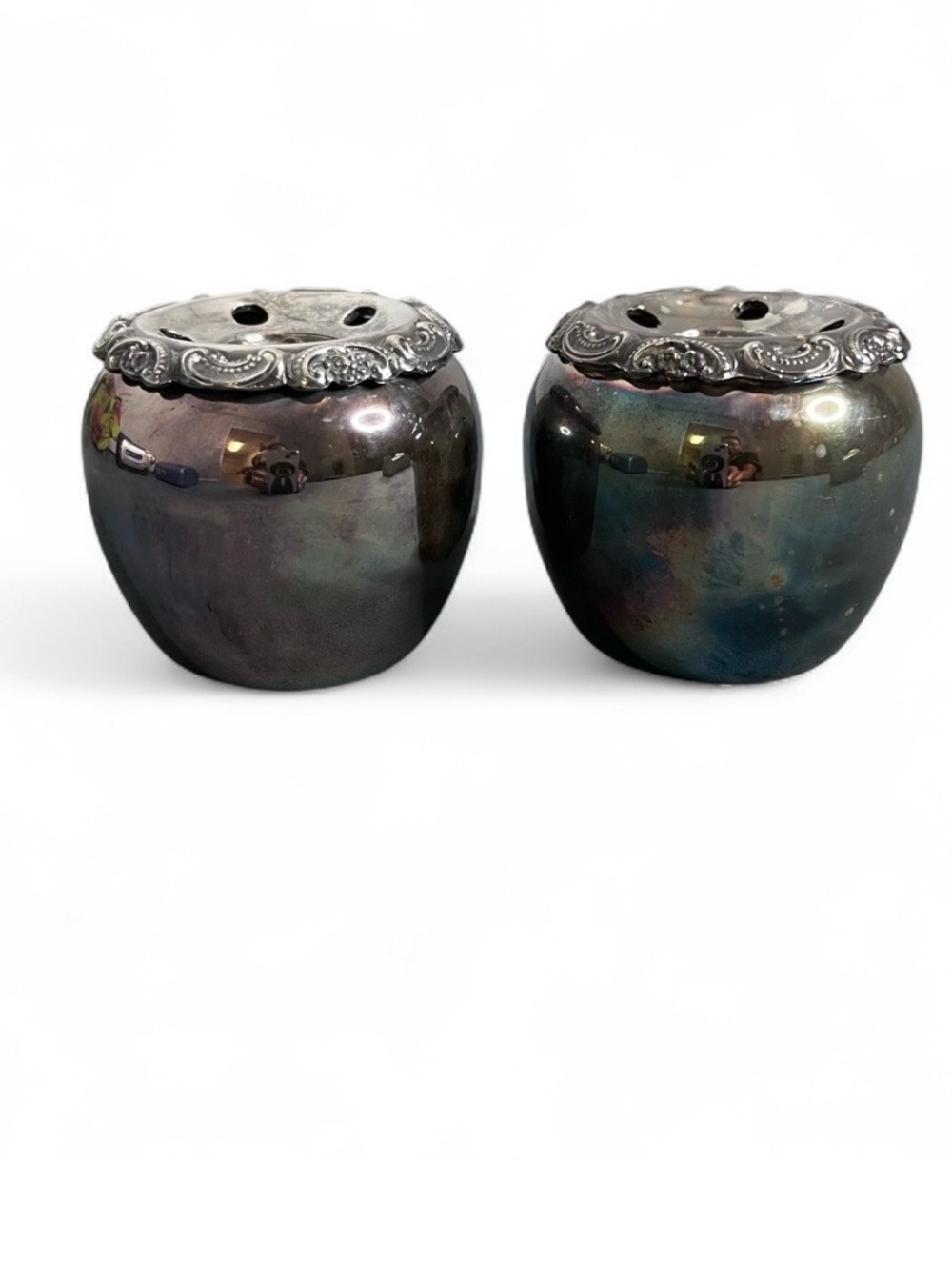 Baroque by Wallace Silver Plate Pair Candle Holders Flower Frogs Tarnished